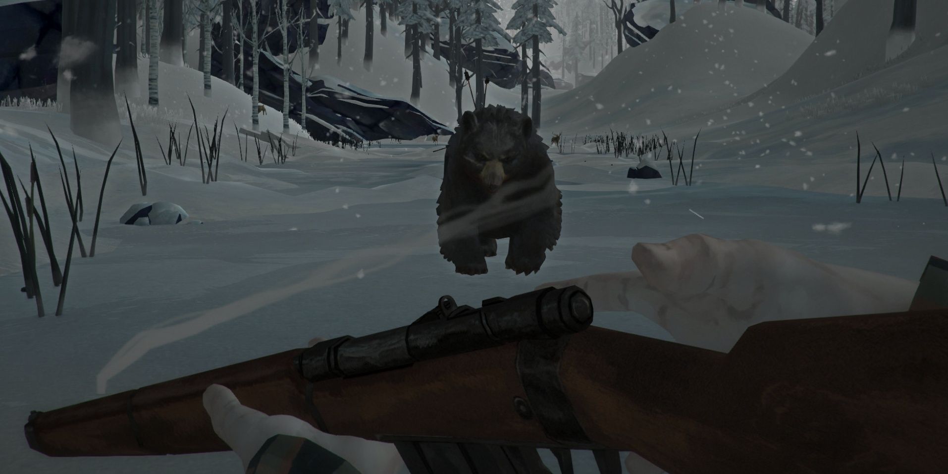 the long dark hunting a bear in a snowstorm with a rifle