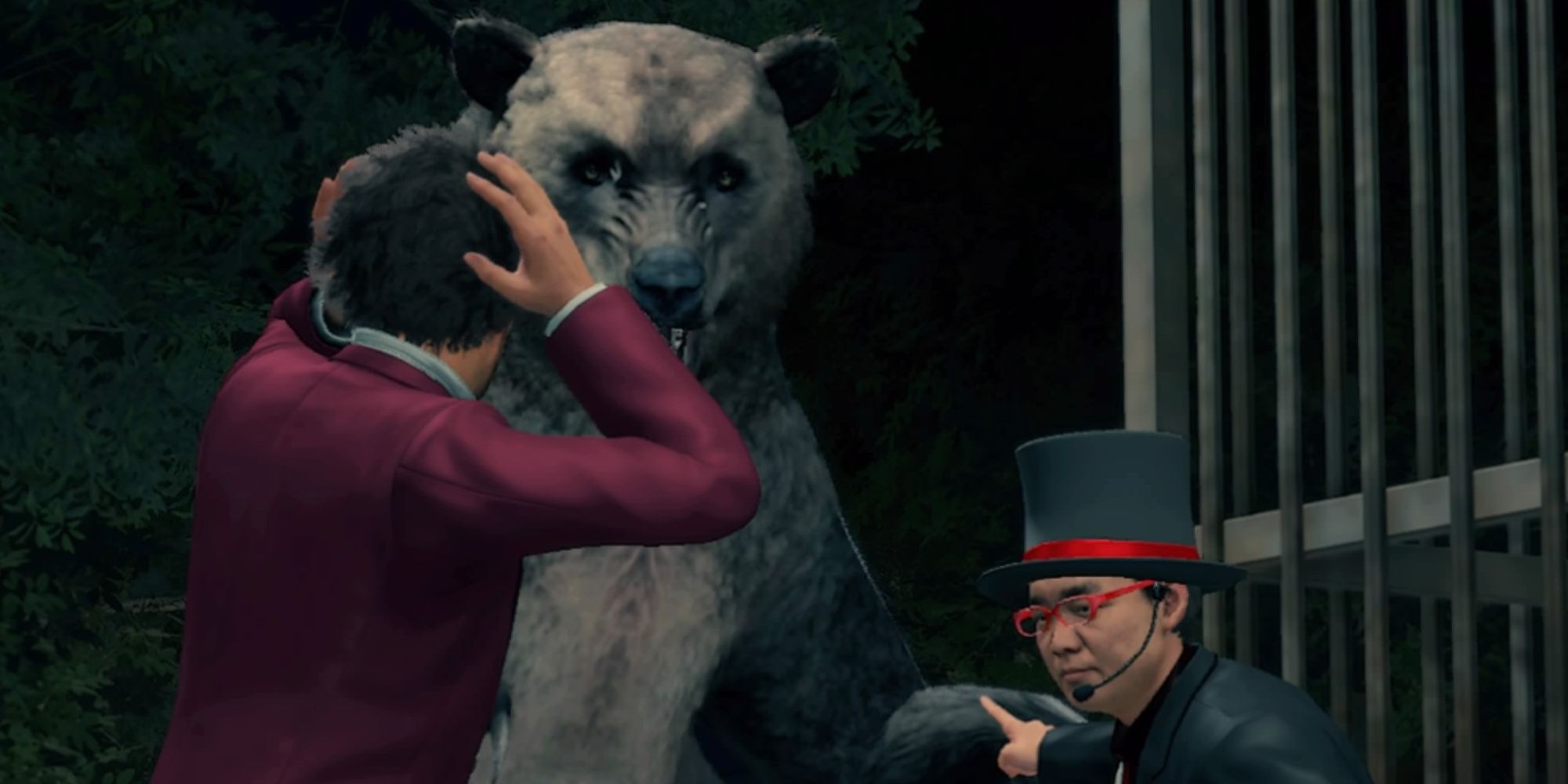 Ichiban startled by a large bear
