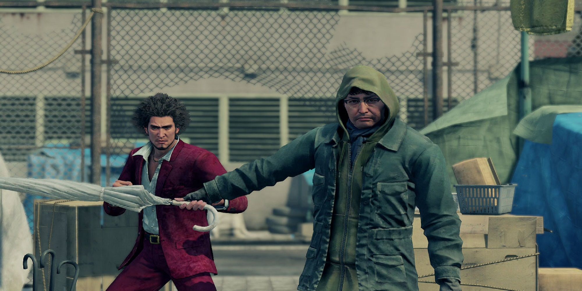 Nanba protecting Ichiban in Yakuza: Like A Dragon.