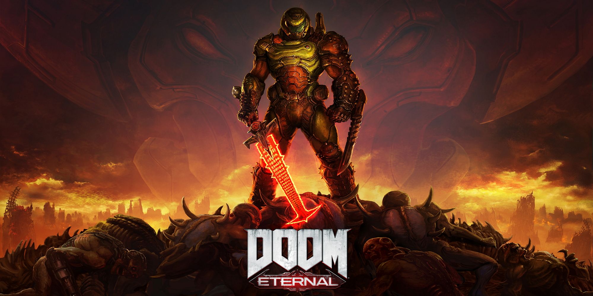Doom Eternal artwork, doomslayer standing on pile of demon bodies holding glowing hell sword