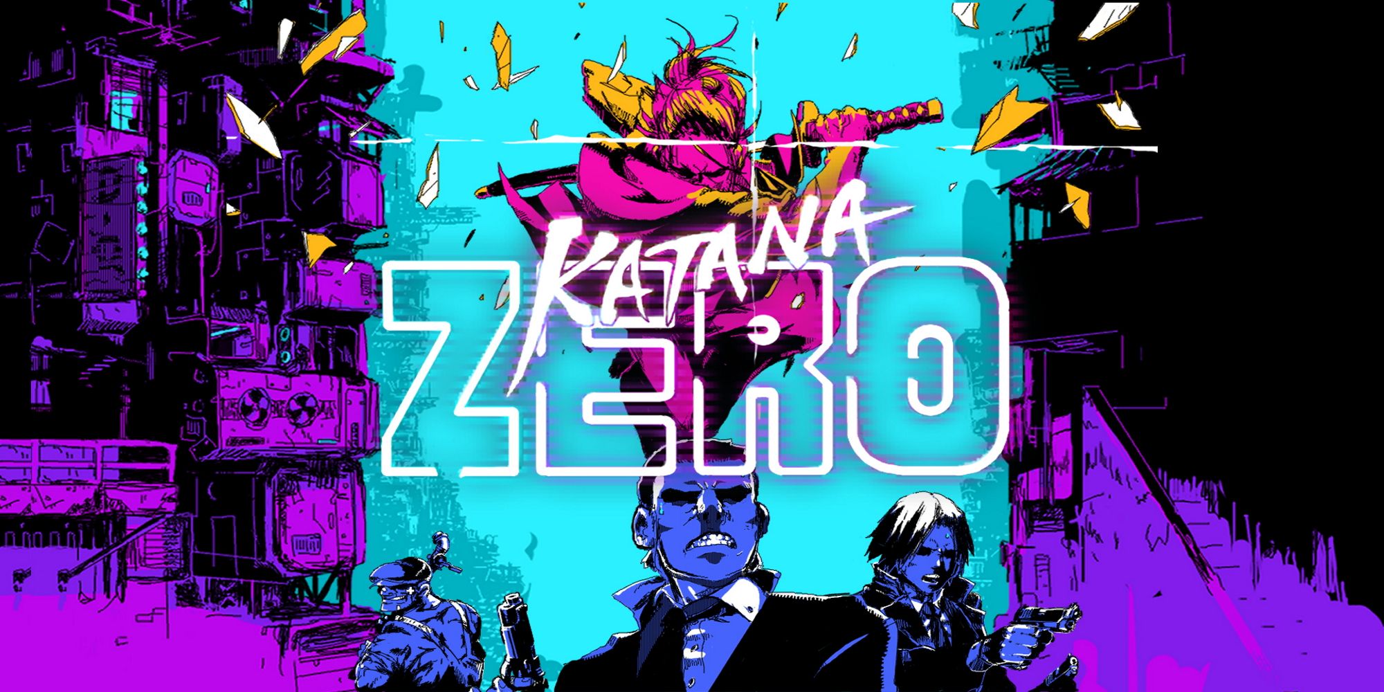 Katana Zero - The Assassin Leaping Through The Air To Attack A Group Of Bad Guys