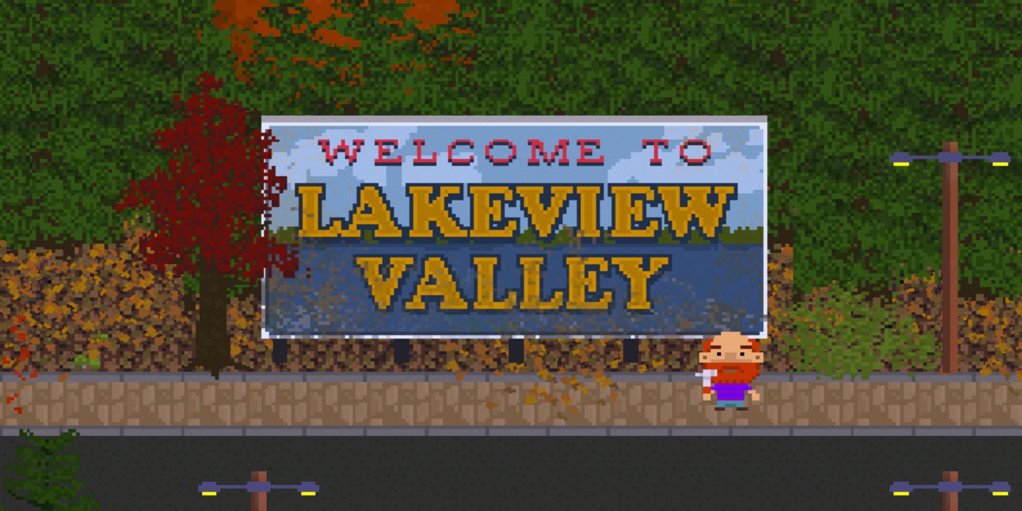 bearded character standing on roadside next to a large sign that reads Welcome To Lakeview Valley