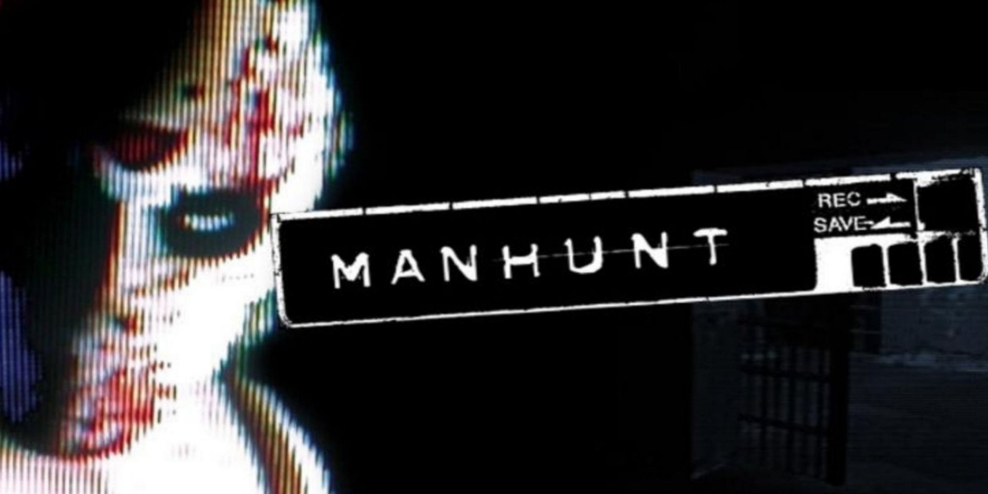 Title screen for manhunt, with blurry face of character looking straight at you