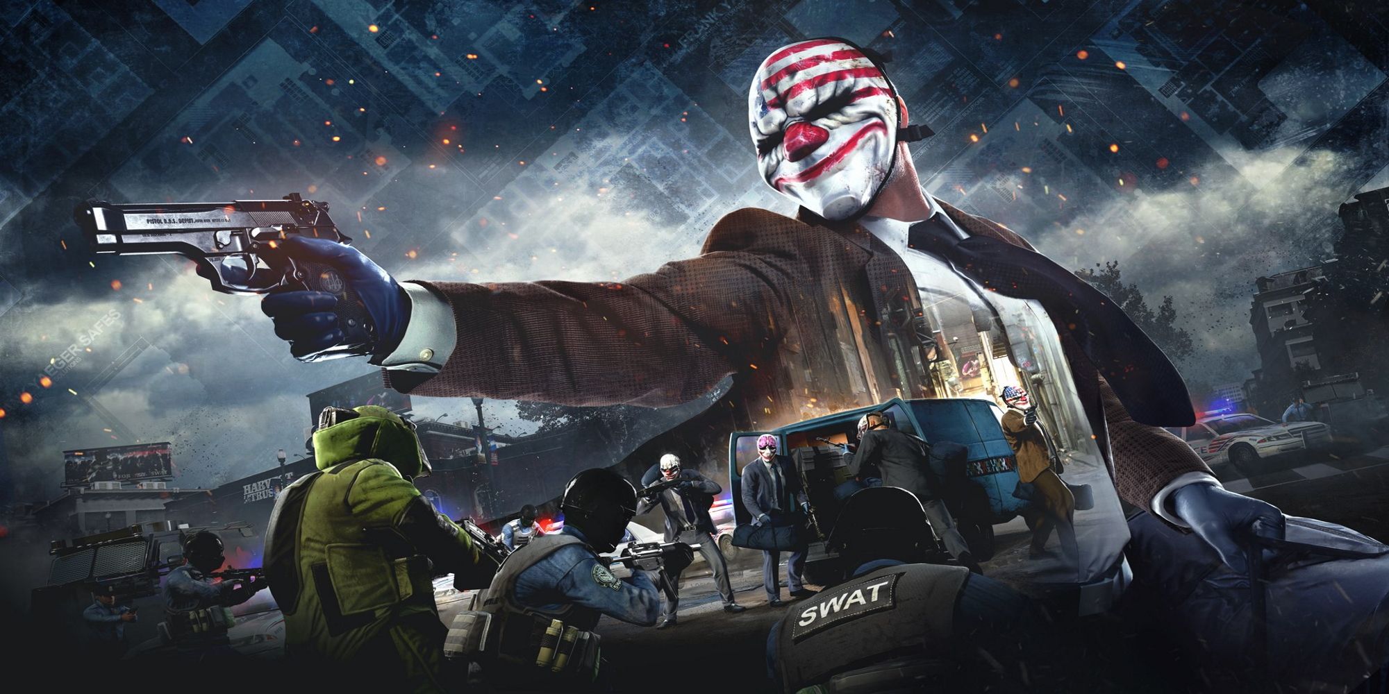 Payday 2 art, masked character standing with gun pointed, police and swat teams swarming below
