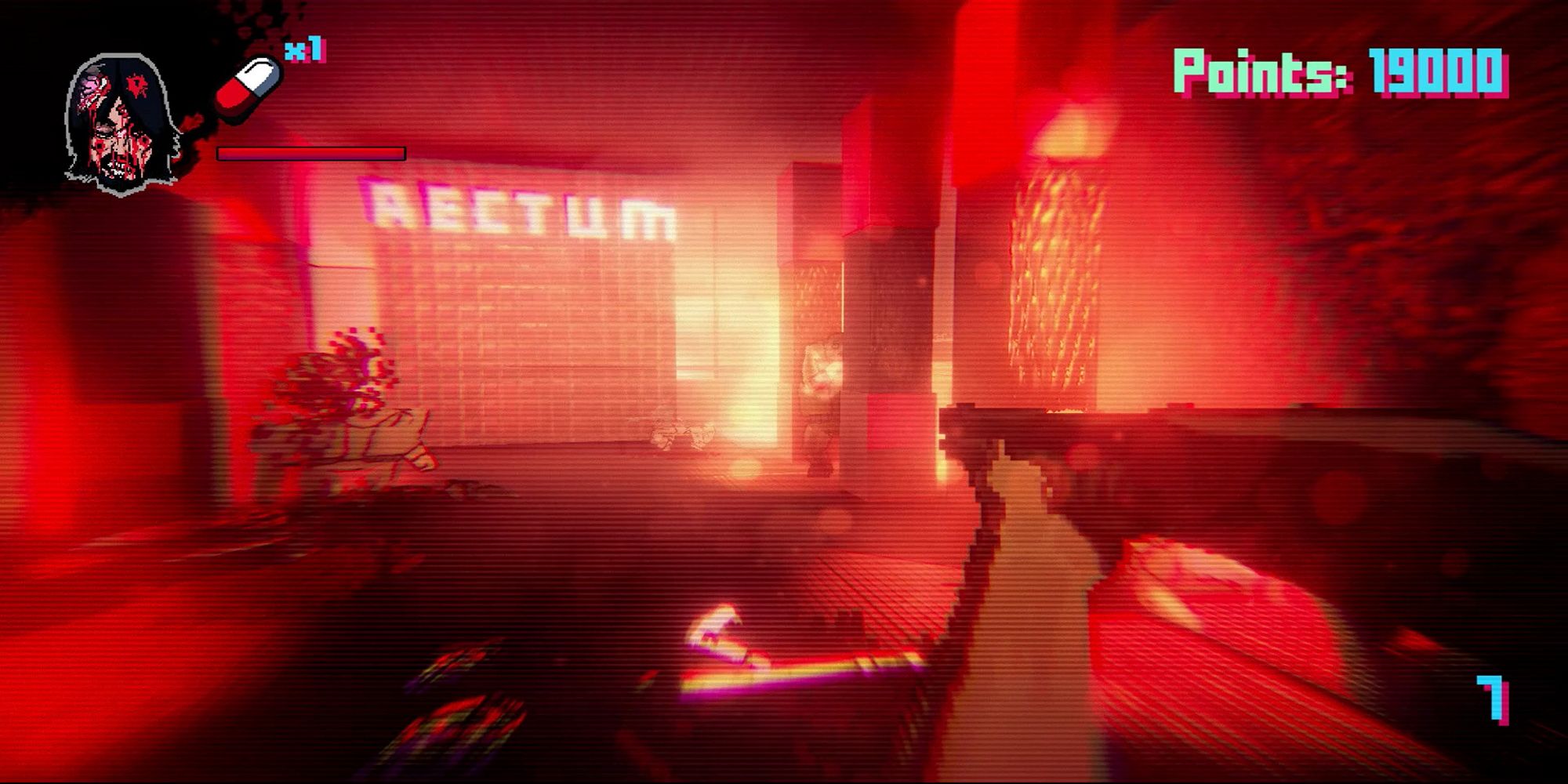 first person character holding gun in a red room with a static effect on screen