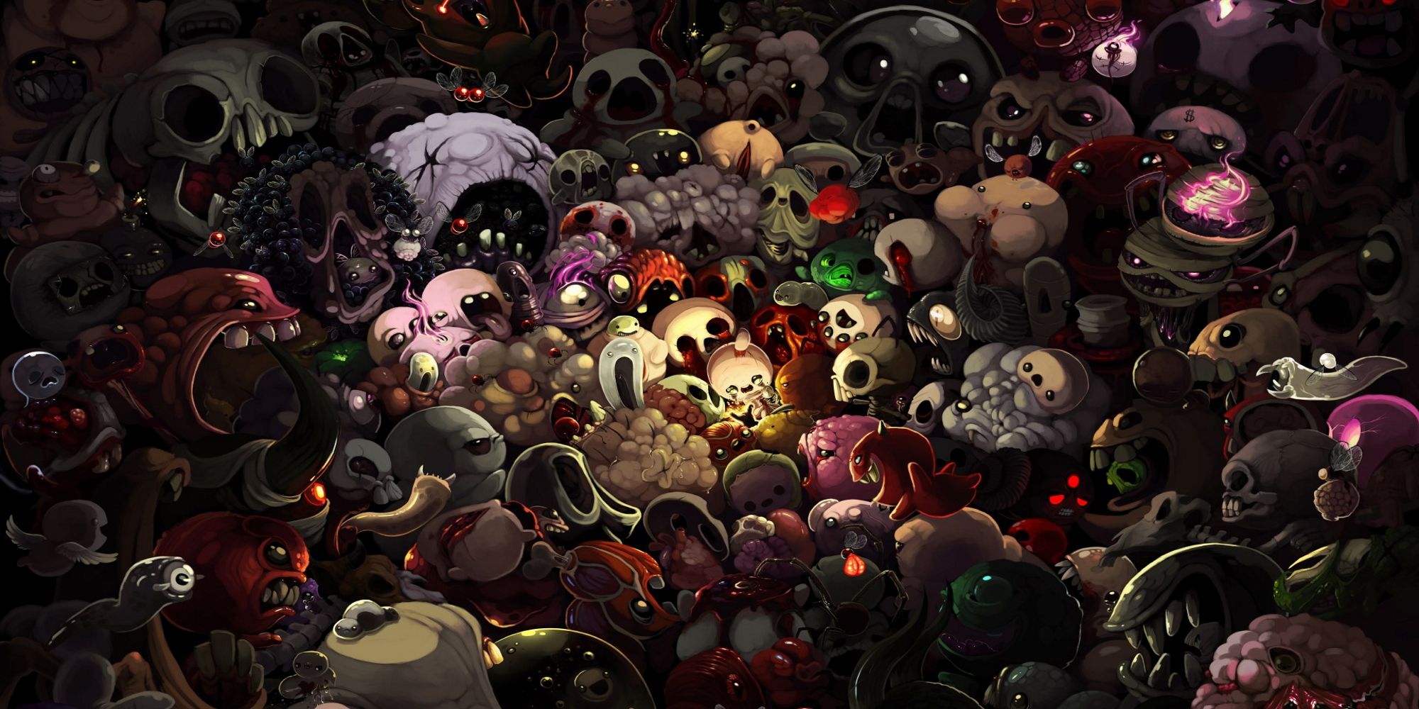 Isaac curled up with dozens of enemies crowded around him, artwork