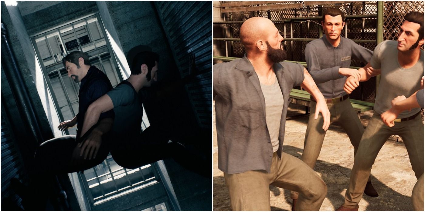 split image of players trying to escape cell together and fighting in A Way Out 