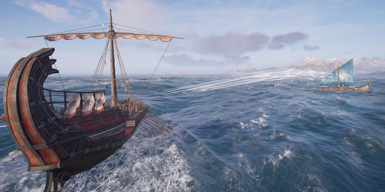 AC Odyssey Arrow Volleys being launched at enemy ship