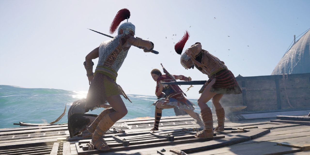 AC Odyssey Crew Armor: Kassandra fighting pirates with crew mates