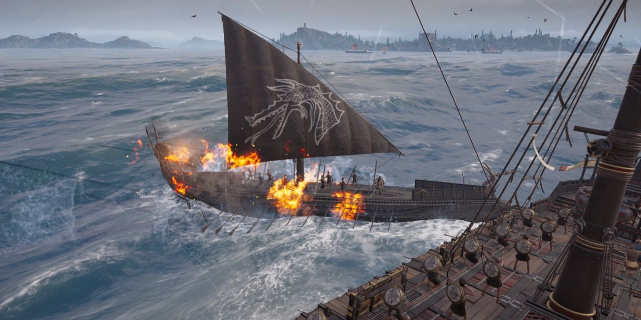 AC Odyssey Fire Damage Taken by enemy ship with ignited arrows