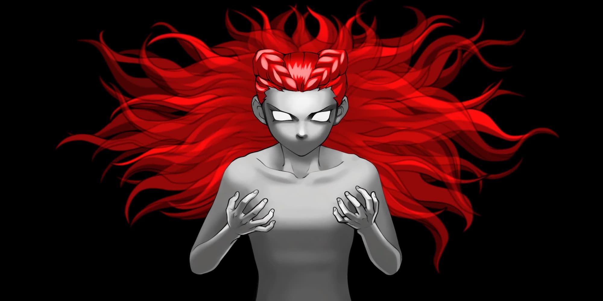 Ace Attorney Dahlia breakdown her spirit form all white with brilliant long red hair splayed out arms in front and flexed in anger