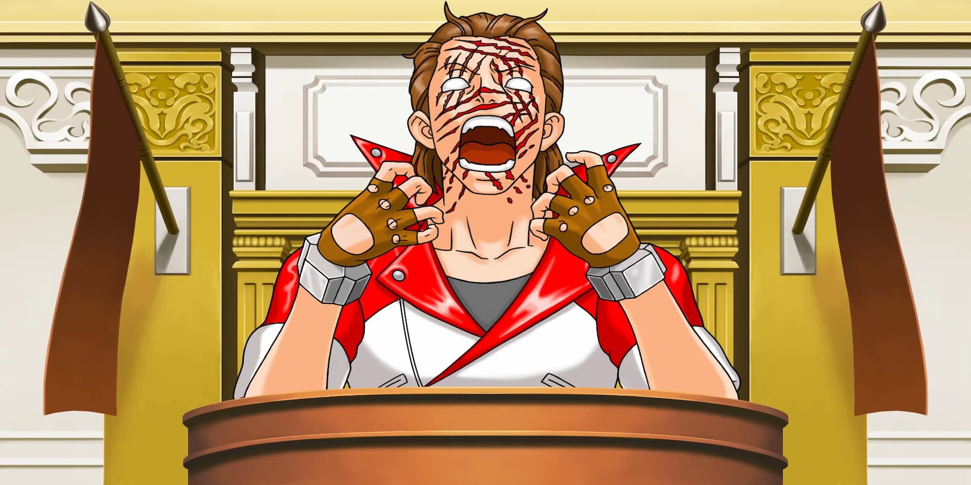 Ace Attorney Engarde breakdown at witness stand in court wearing red and white jacket hands scratching at face with red lines covering face and screaming