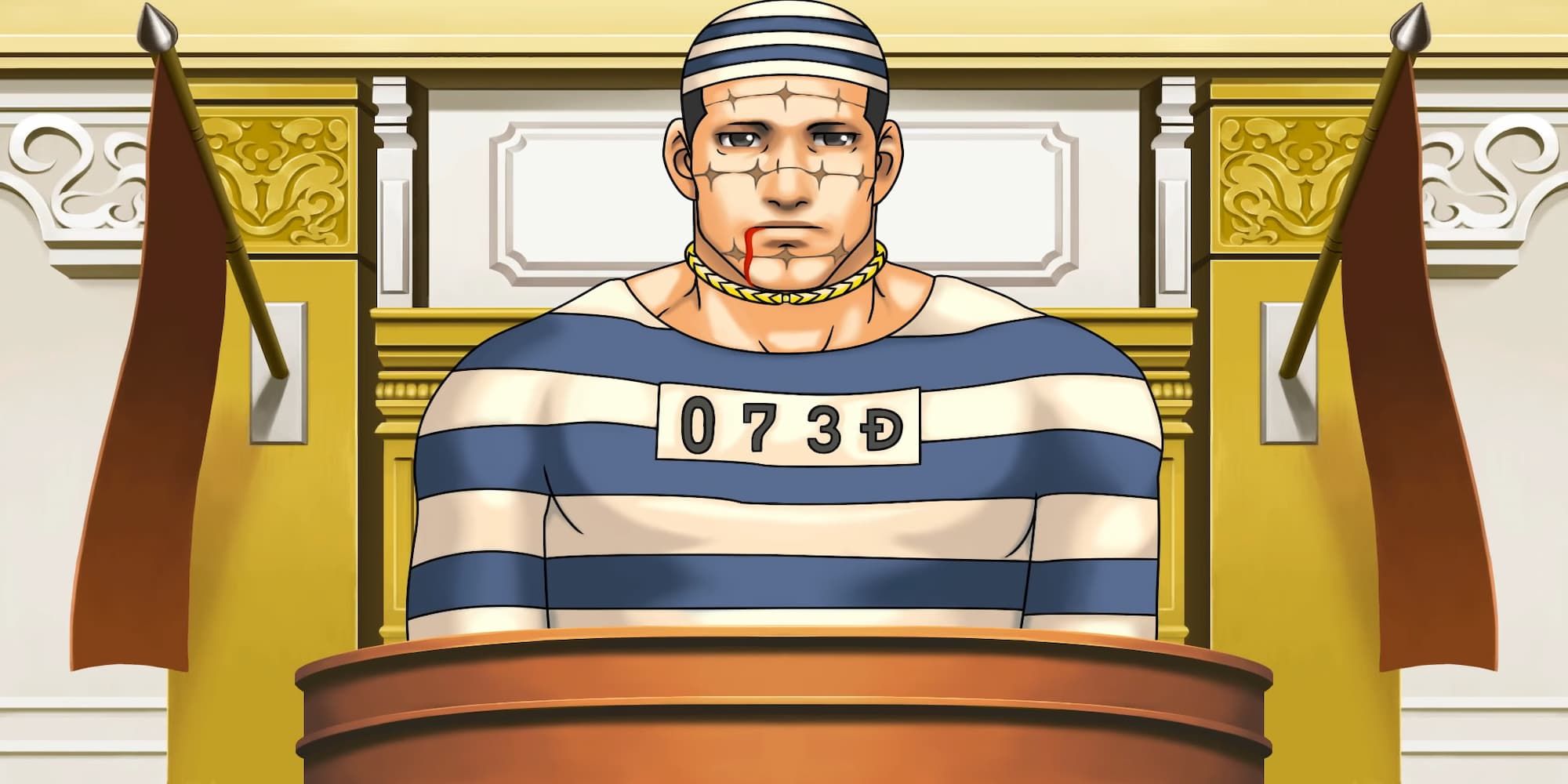 Ace Attorney Fawles breakdown at witness stand in court wearing blue and white striped prison shirt and cap staring straight at camera line of blood trailing down side of mouth