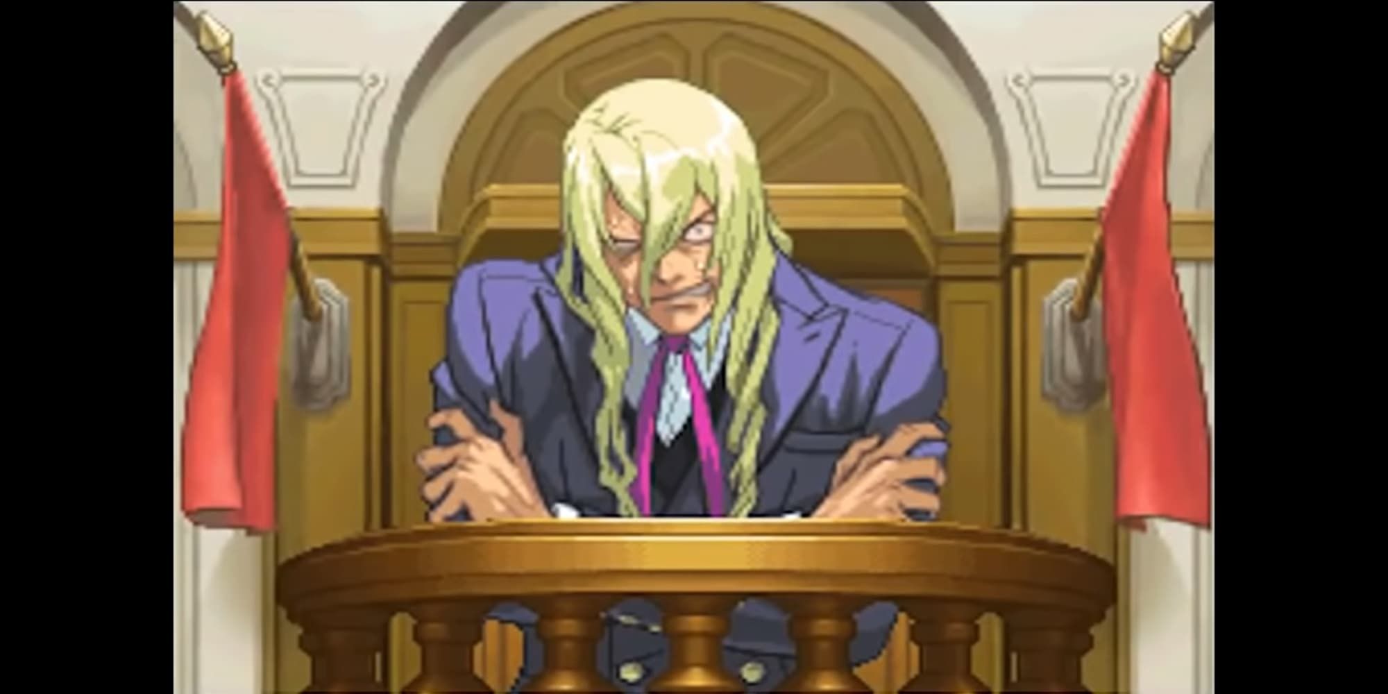 Ace Attorney Kristoph breakdown at witness stand in court long blond hair discheveled eyes behind glasses bloodshot wearing purple suit and hands crossed clutching at arms