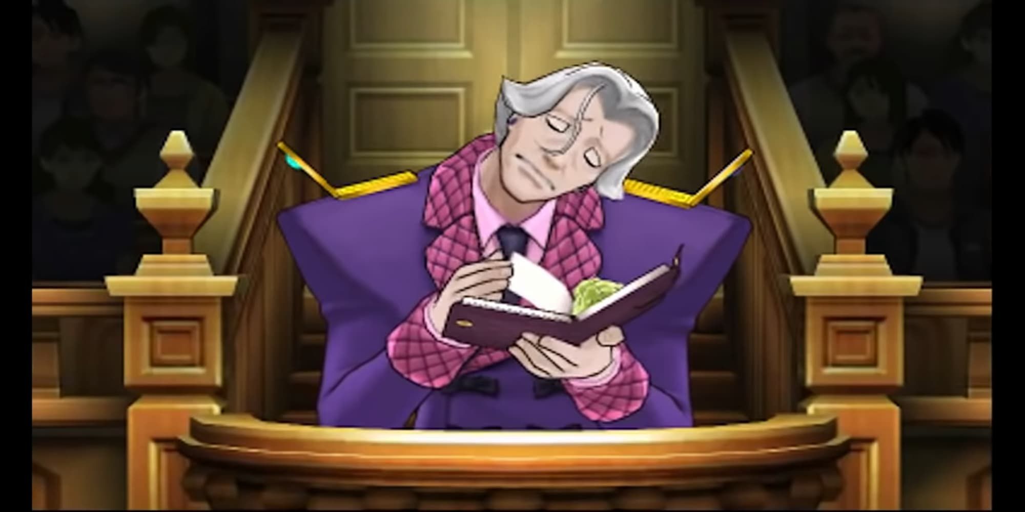 Ace Attorney L'Belle breakdown at witness stand in court wearing purple suit and two cell phones on shoulders writing in notepad white hair and ghastly face