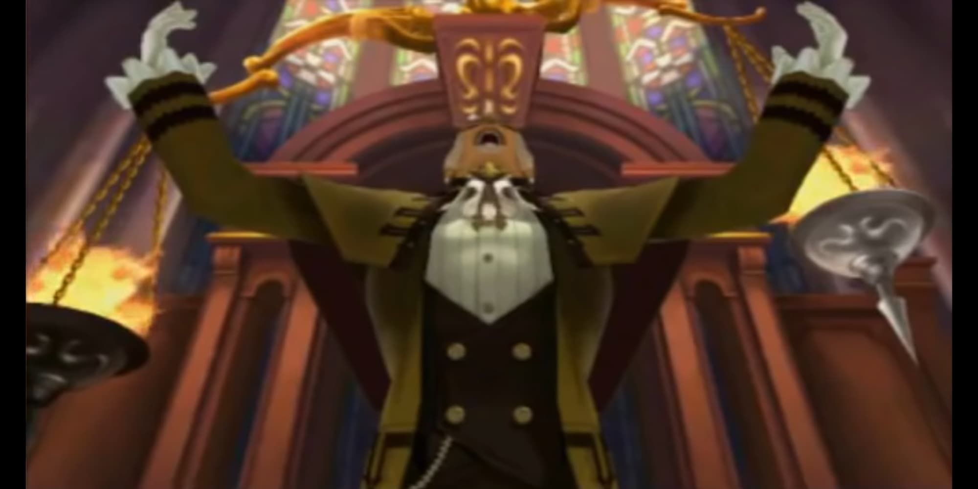 Ace Attorney Mael breakdown at judge's podium in court wearing a gold and black suit staring up and arms outstretched up