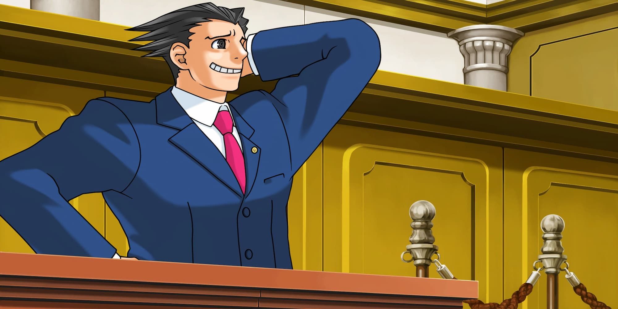 Ace Attorney Phoenix standing in courtroom staring to side with had behind head sheepish look wearing blue suit and red tie