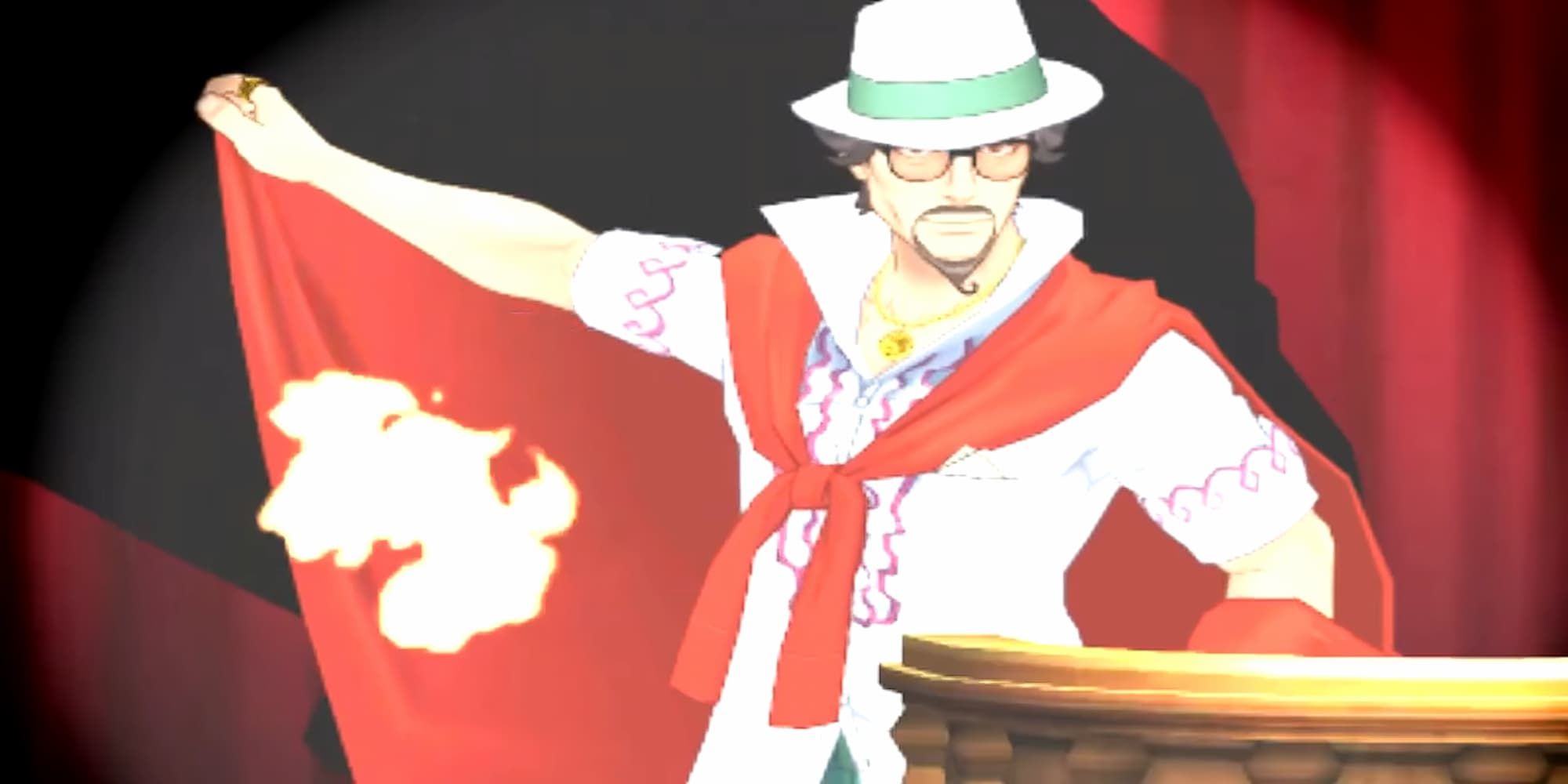 Ace Attorney Retinz breakdown at witness stand in court glasses and goatee wearing white shirt and hat and flaring red cape a small flame in front