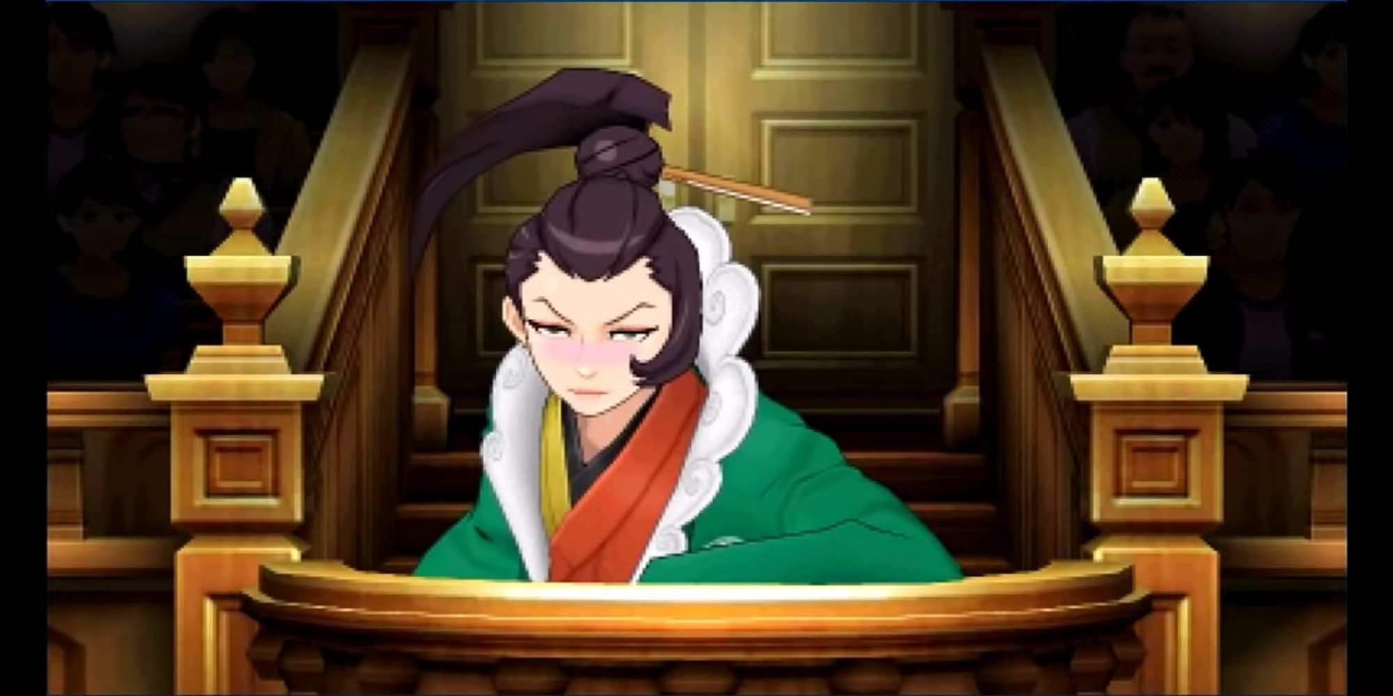 Ace Attorney Uendo Kisegawa alter at witness stand in court wearing red yellow and green kimono with dark hair tied up drunk and staring at camerca