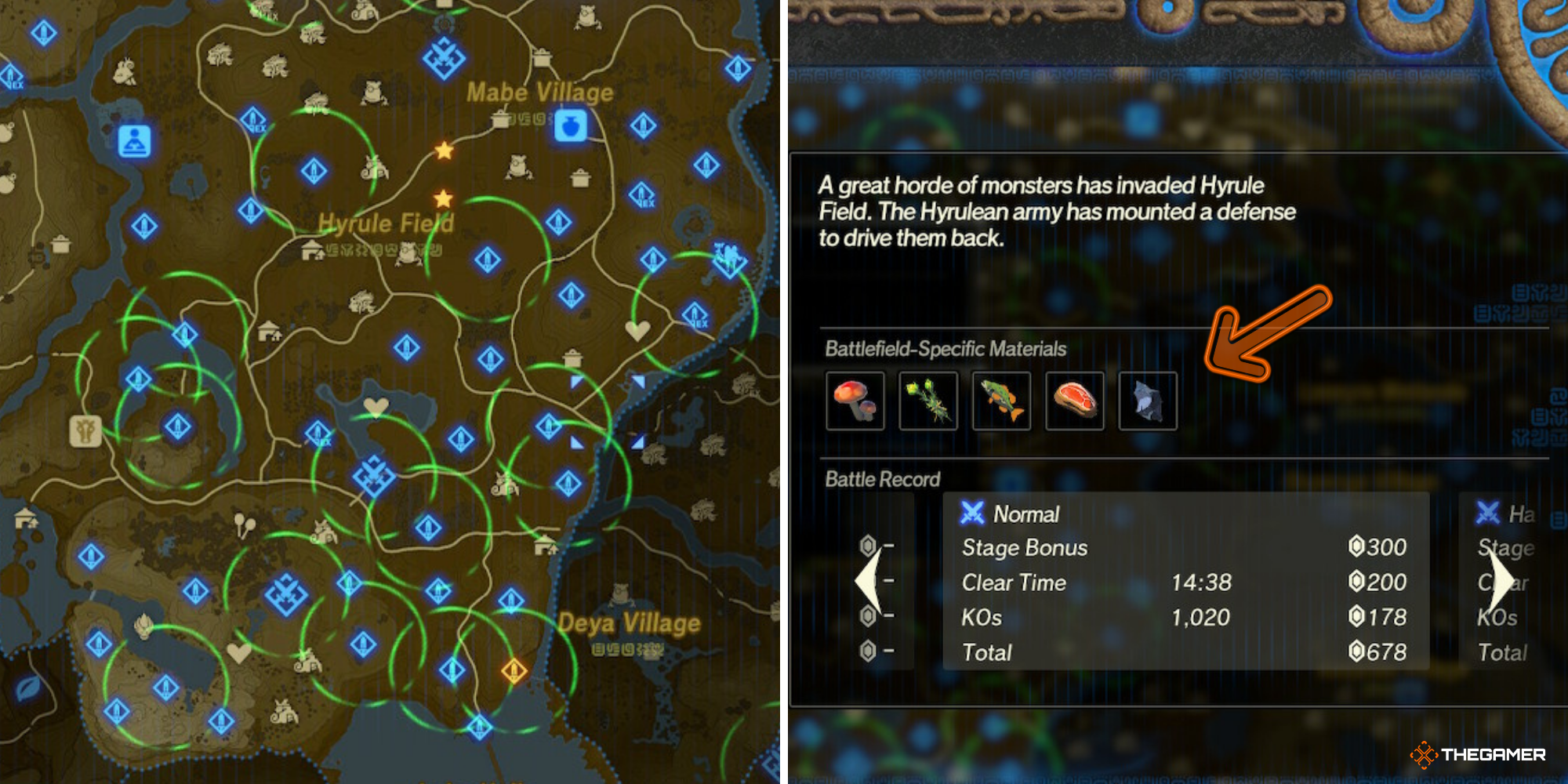 Age of Calamity - Sheikah Sensor active on map on left, Battlefield-Specific Materials on right