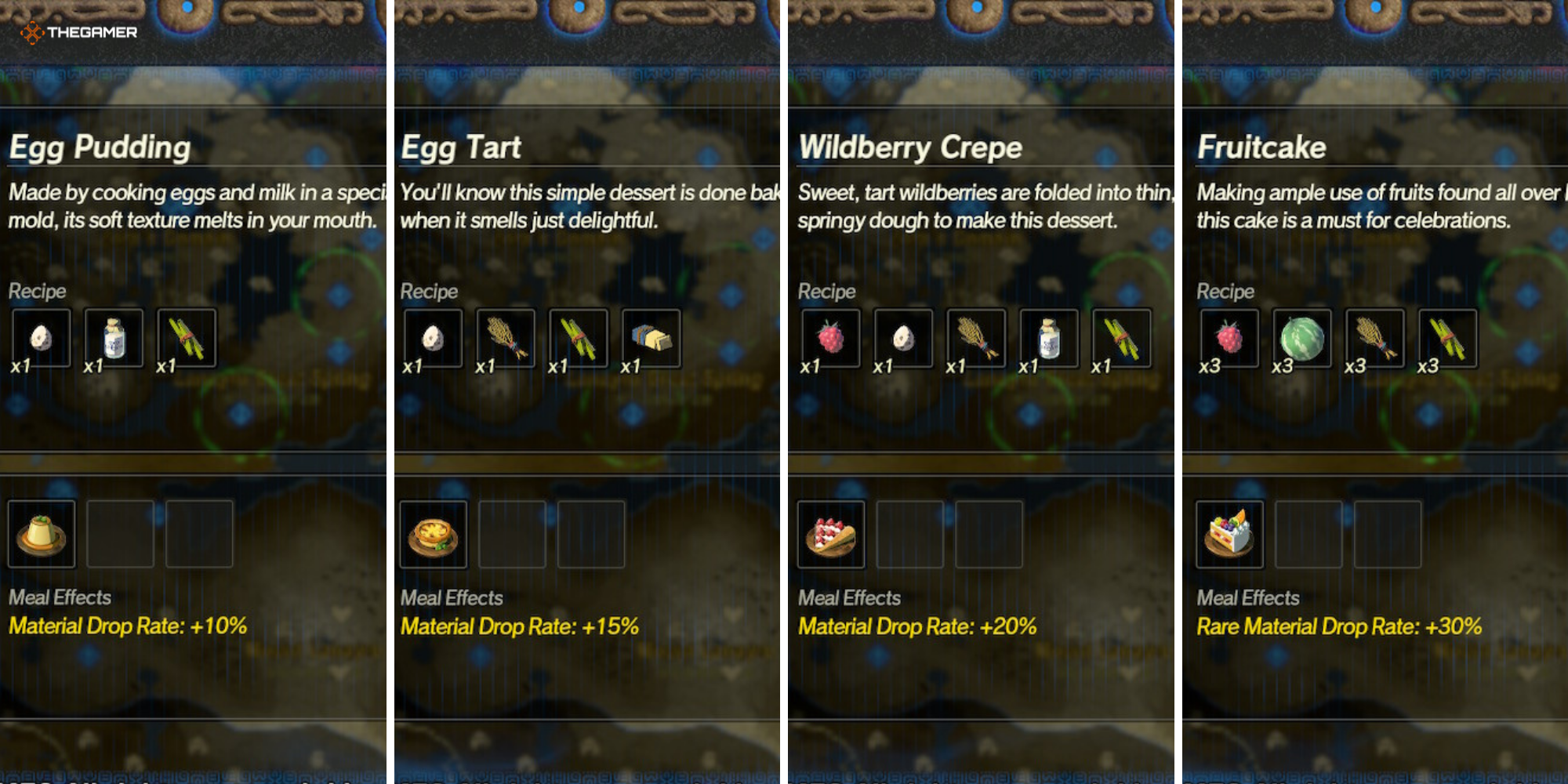 Age of Calamity, Recipes to Cook Before Battle - (left to right) Egg Pudding, Egg Tart, Wildberry Crepe, Fruitcake