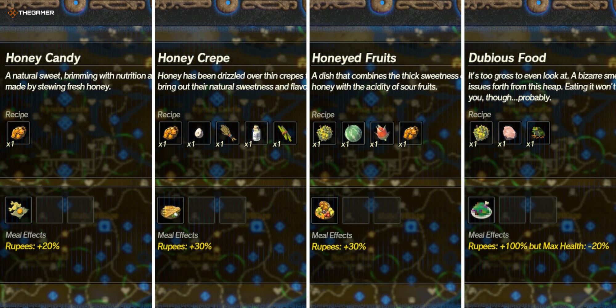Age of Calamity, Recipes to Cook Before Battle - (left to right) Honey Candy, Honey Crepe, Honeyed Fruits, Dubious Food