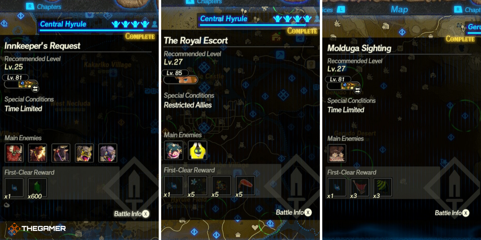 Age of Calamity, Split image of quests - Innkeeper's Request on left, The Royal Escort in centre, Molduga Sighting on right