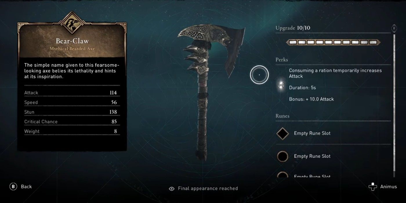 Assassin's Creed Valhalla Bear Claw bearded axe menu stat sheet