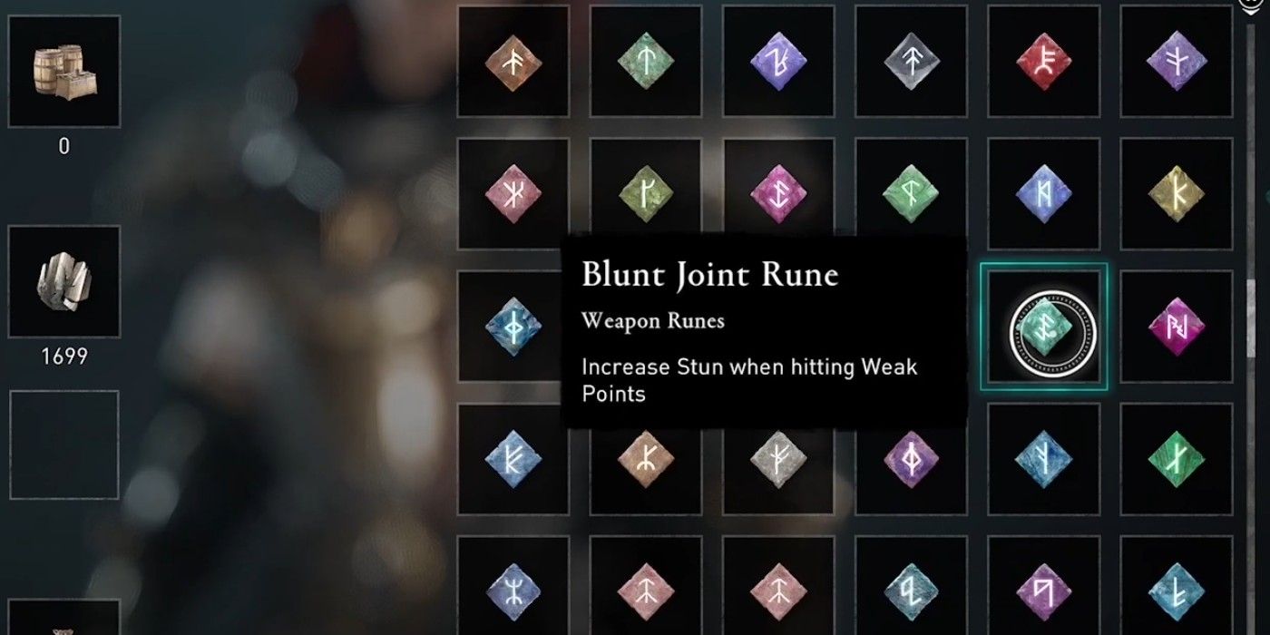 Assassin's Creed Valhalla Blunt Joint Rune menu screen selection with other runes