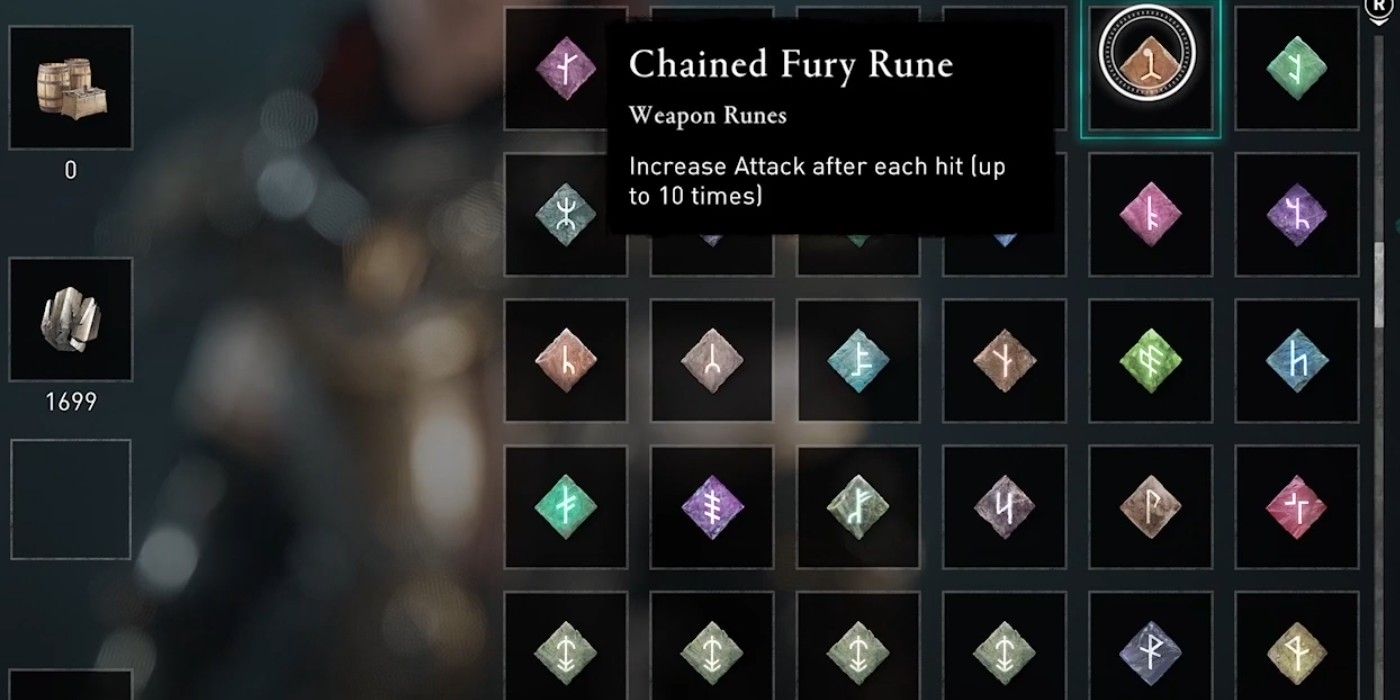 Assassin's Creed Valhalla Chained Fury Rune menu screen with other runes