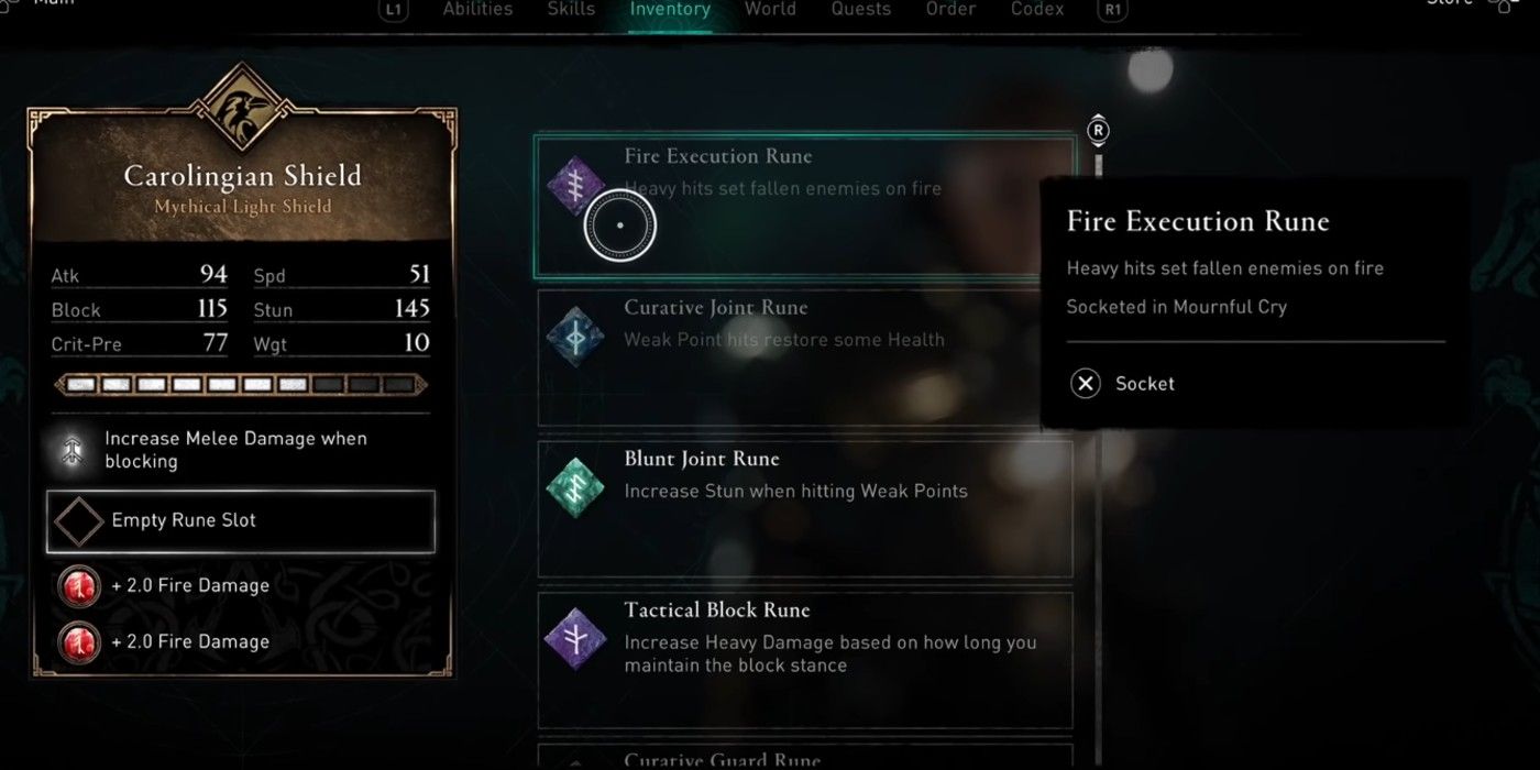 Assassin's Creed Valhalla Fire Execution Rune menu list equipping to Carolingian Shield