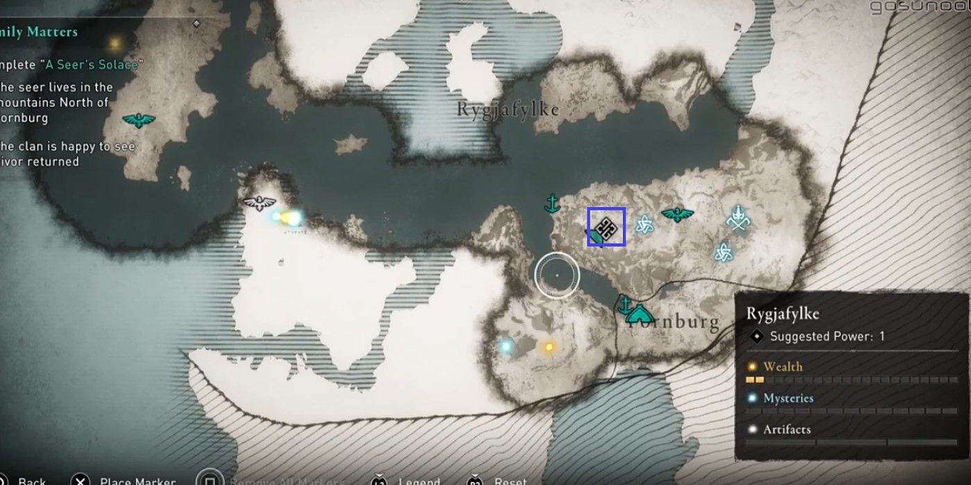 Assassin's Creed Valhalla Rygjafylke map waypoint at Valka's Hut with blue box higlight 