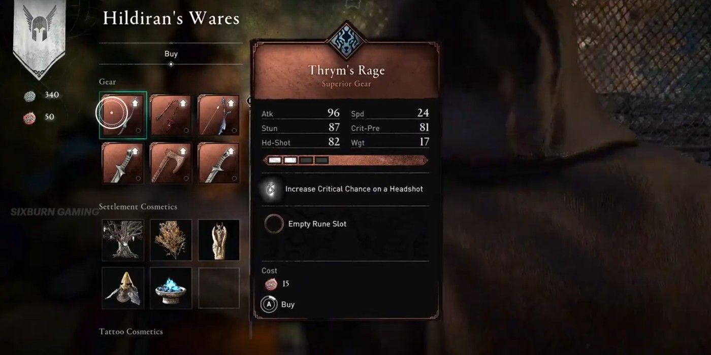 Assassin's Creed Valhalla Thrym's Rage stat sheet weapon selection