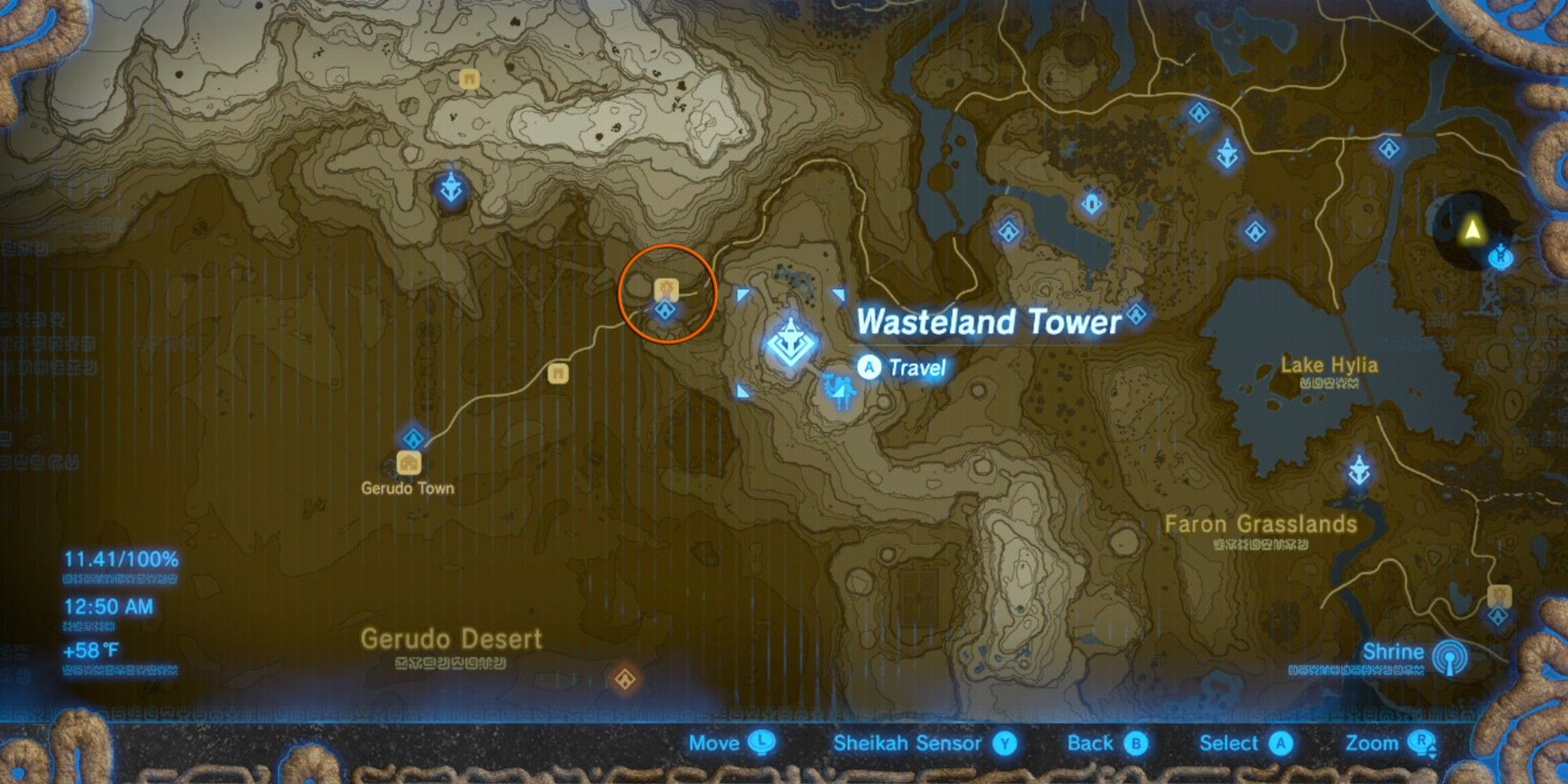 a gerudo canyon map, with the desert tower highlighted, showing the location of the barn