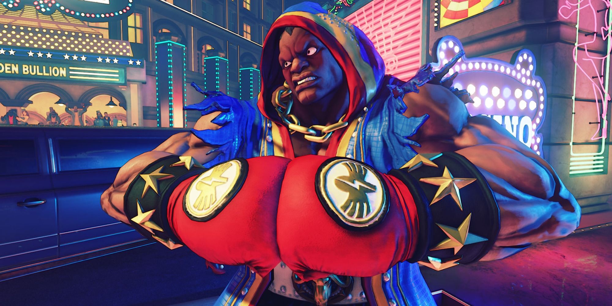 Balrog from Street Fighter V - A man in a hooded boxing robe with red boxing gloves.