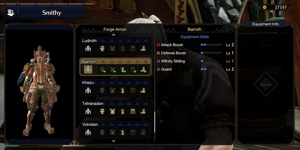 The Barroth Armor Set in Monster Hunter Rise - The crafting menu with various stats.