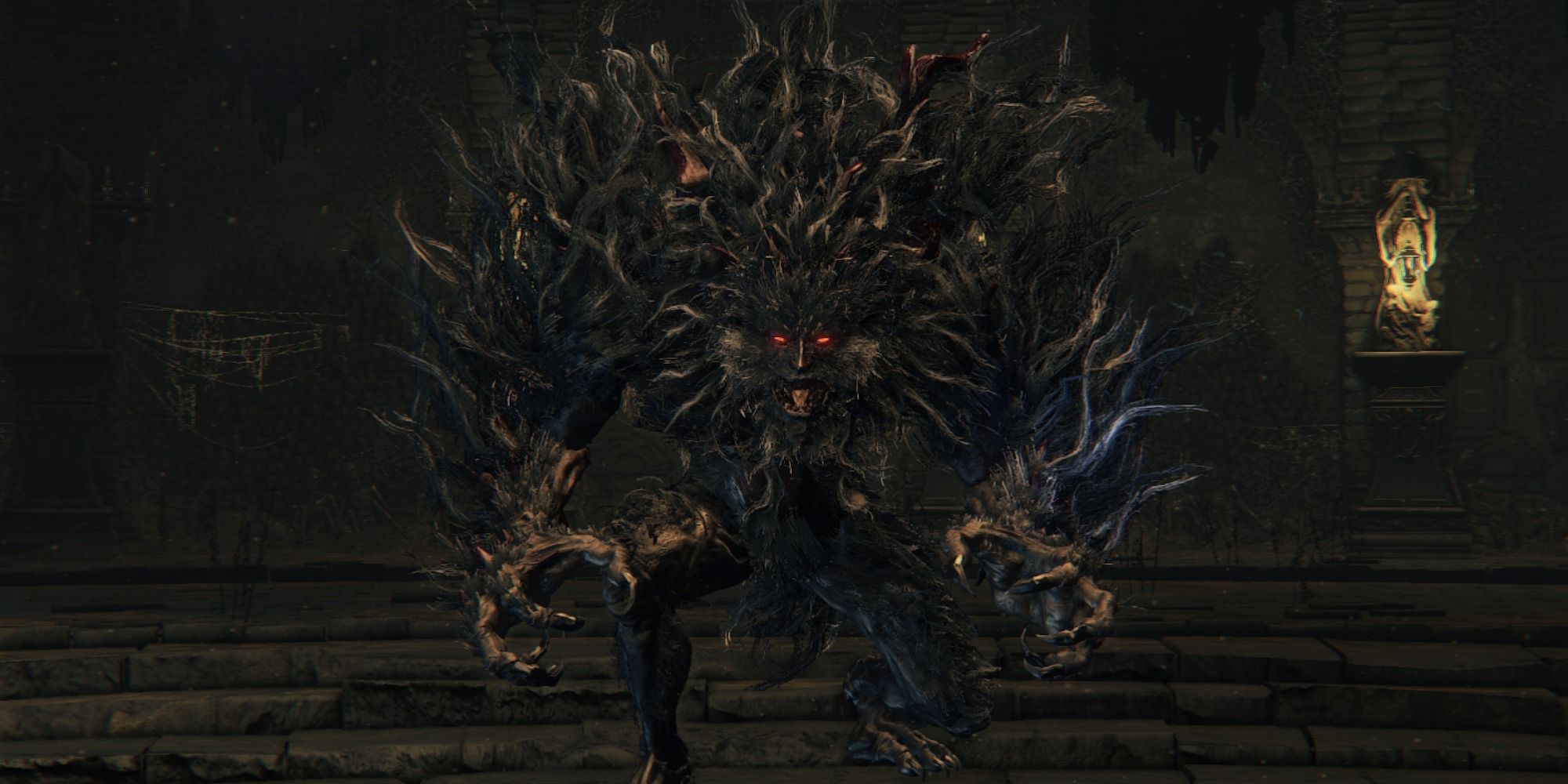 Abhorrent Beast boss fight in Bloodborne - a large, electrified werewolf monster