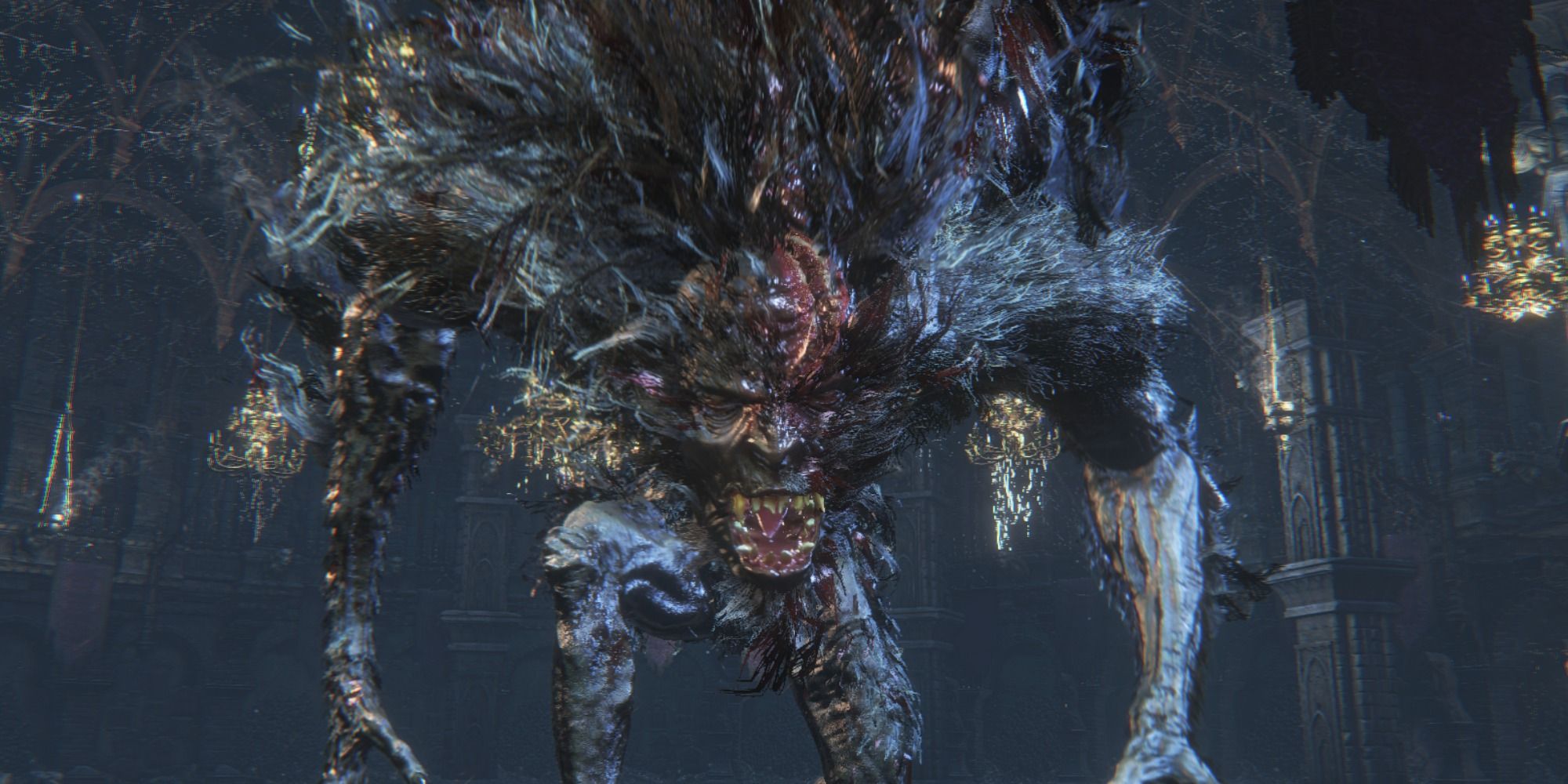 Bloodletting Beast boss fight in Bloodborne - a large beast that is werewolf like in design