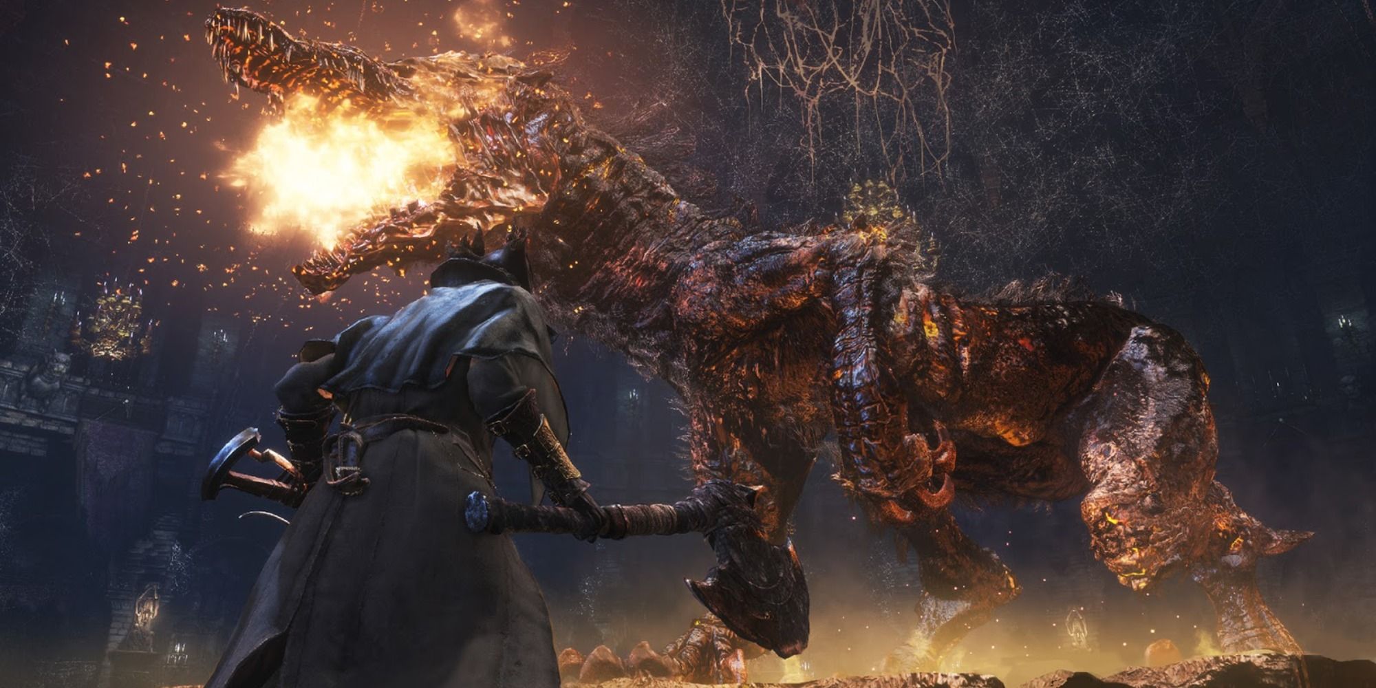 Watch Dog of the Old Lords boss fight in Bloodborne - A giant, flaming dog.