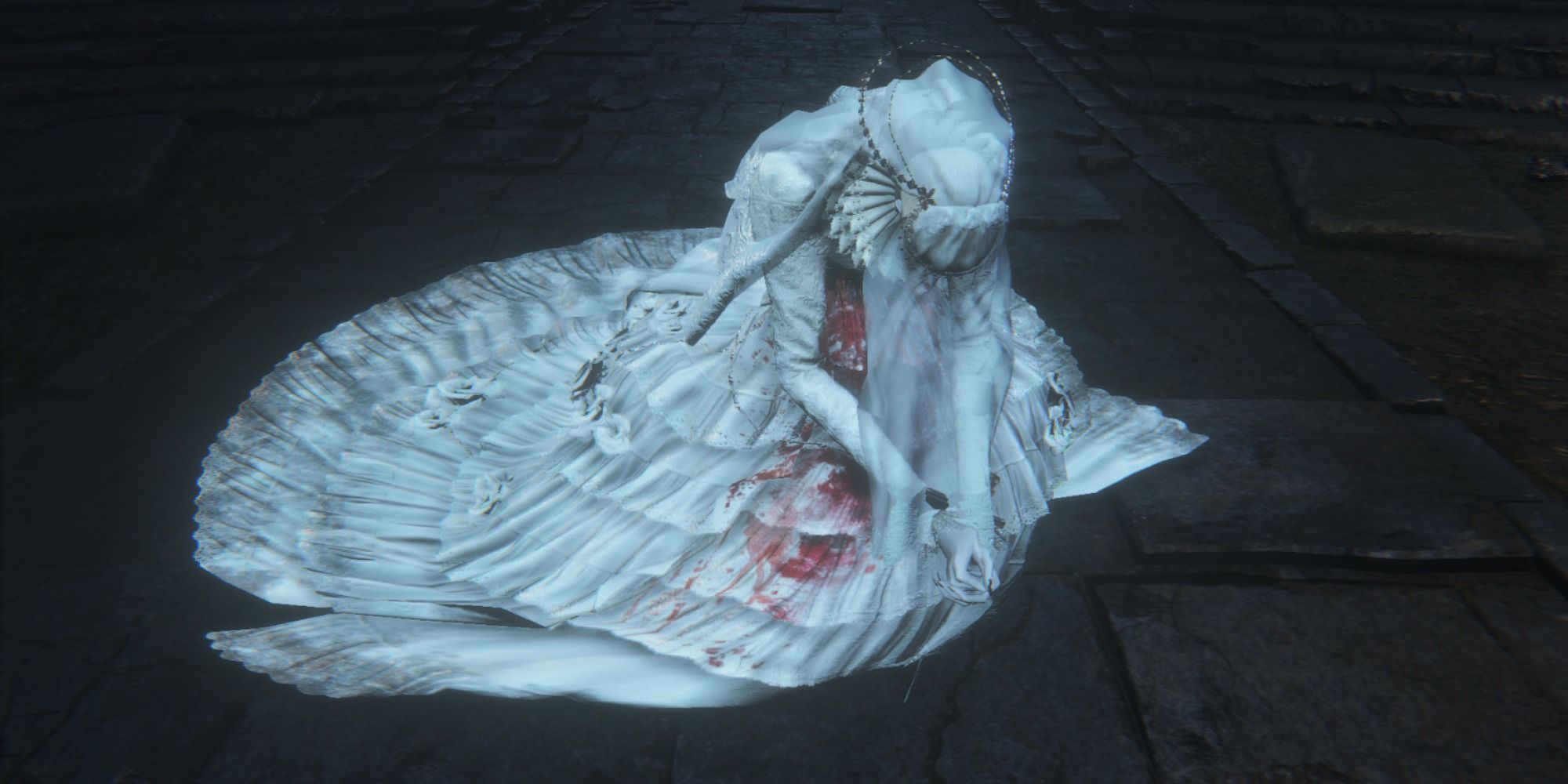 Yharnam, Pthumerian Queen from Bloodborne - a lady dressed in all white with a bloodstained dress
