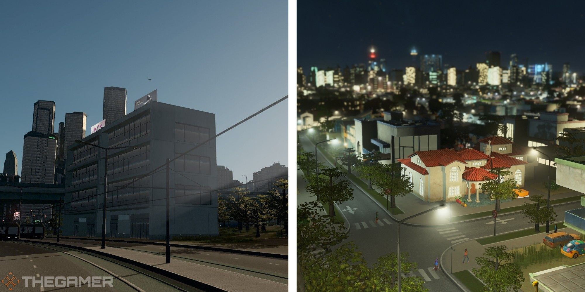 image of road during day next to image of residential area at night with city in background