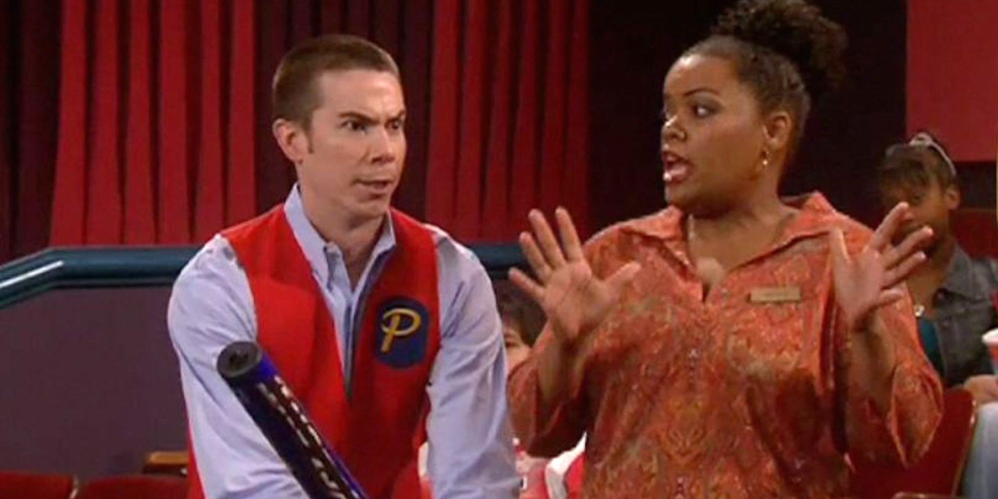 Crazy Steve from Drake and Josh holding a baseball bat while Helen from Drake and Josh looks concerned 