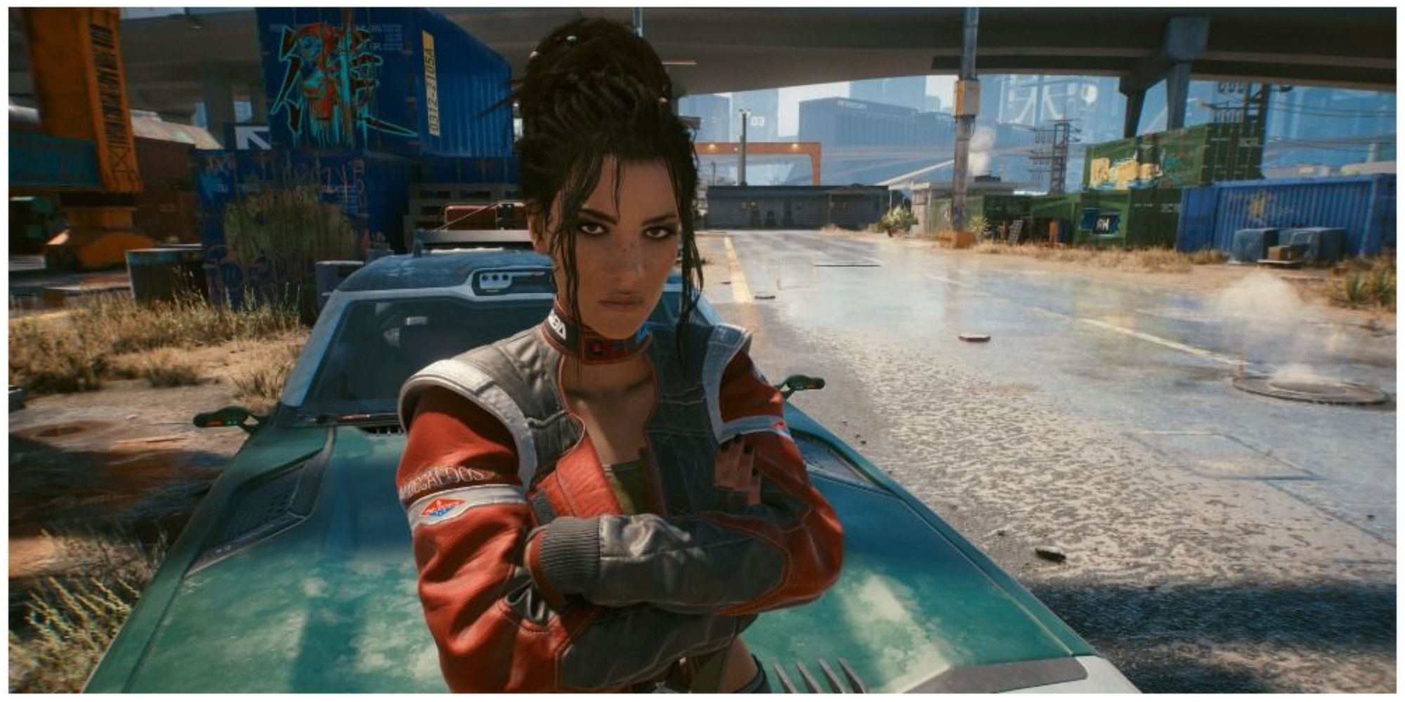 Cyberpunk 2077 Panam leaning against his car and talking to V