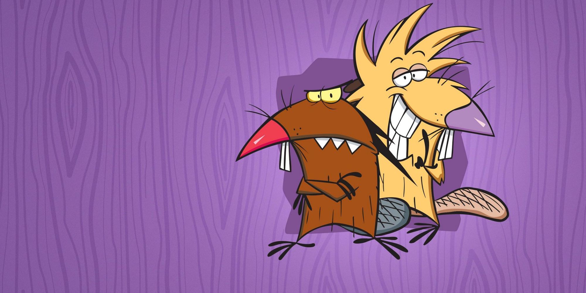 Daggett-and-Norbert-Beaver from The Angry Beavers looking at the camera on a purple background