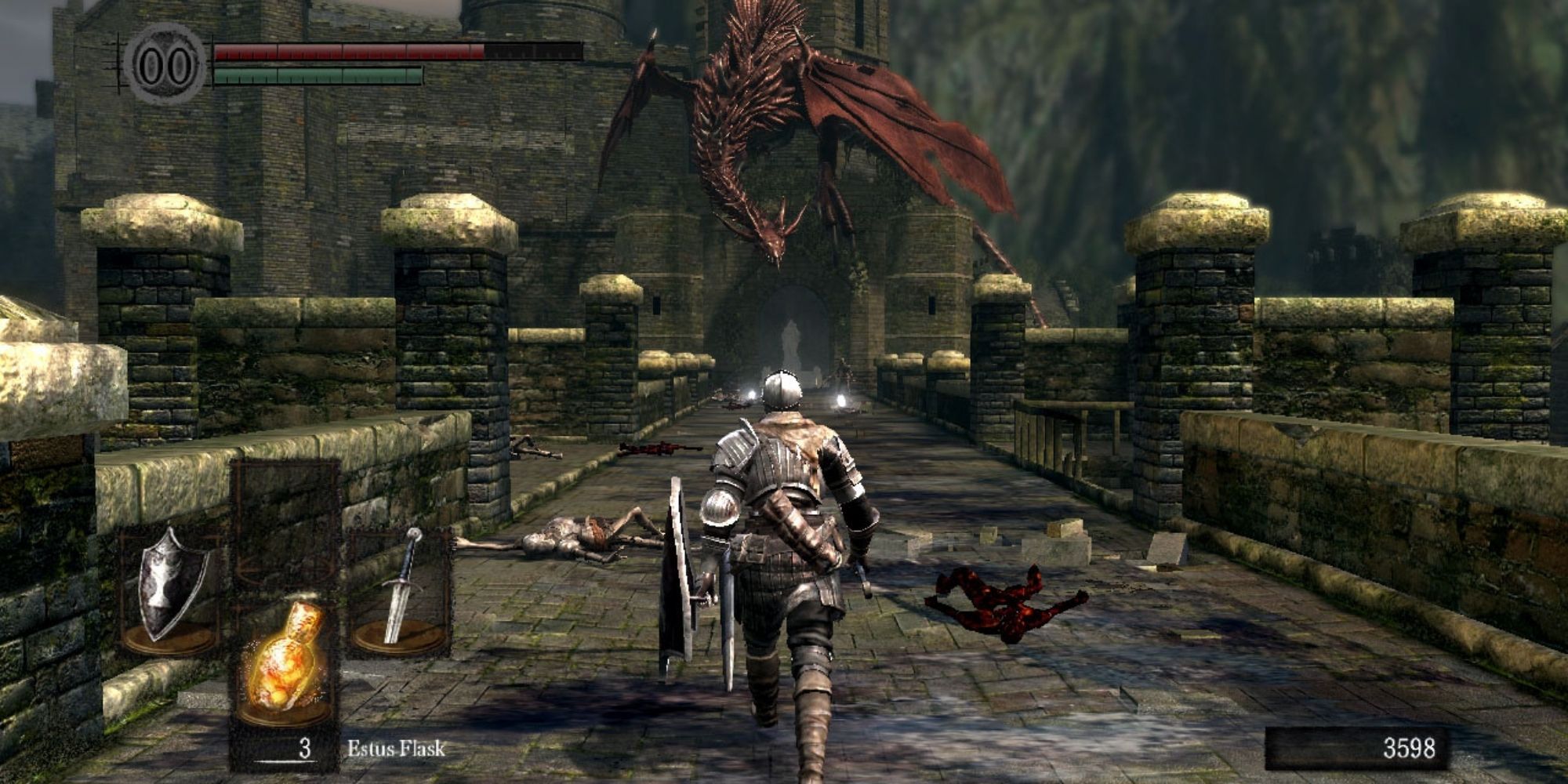 A Player facing a Dragon in Dark Souls