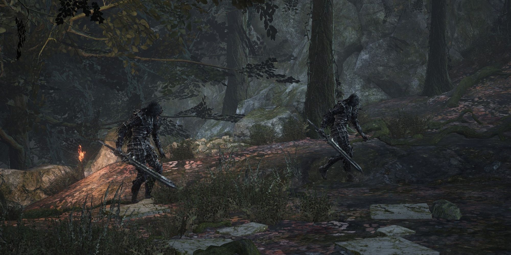 Dark Souls 3 screenshot of Darkwraith Duo walking in forest