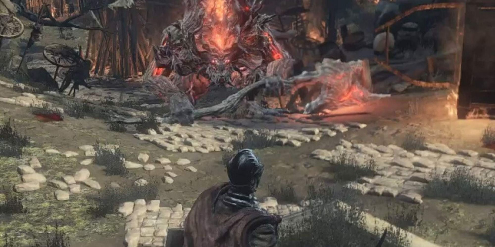 The player look at a fire Demon wielding a giant axe in Dark Souls 3