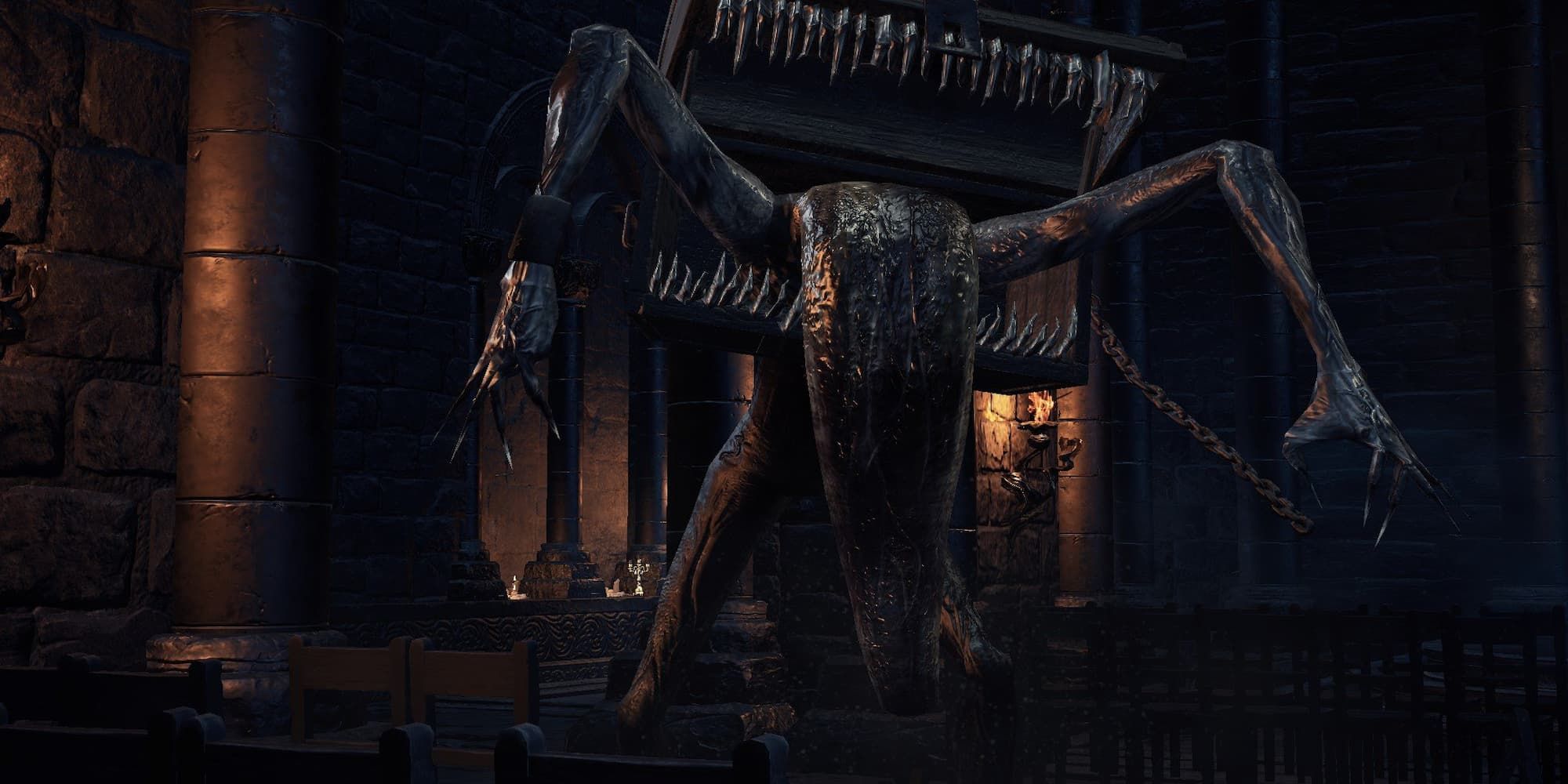 Dark Souls 3 mimic standing on two dark legs giant teeth and long thick tongue sticking out of box and lid arms lifted up at sides
