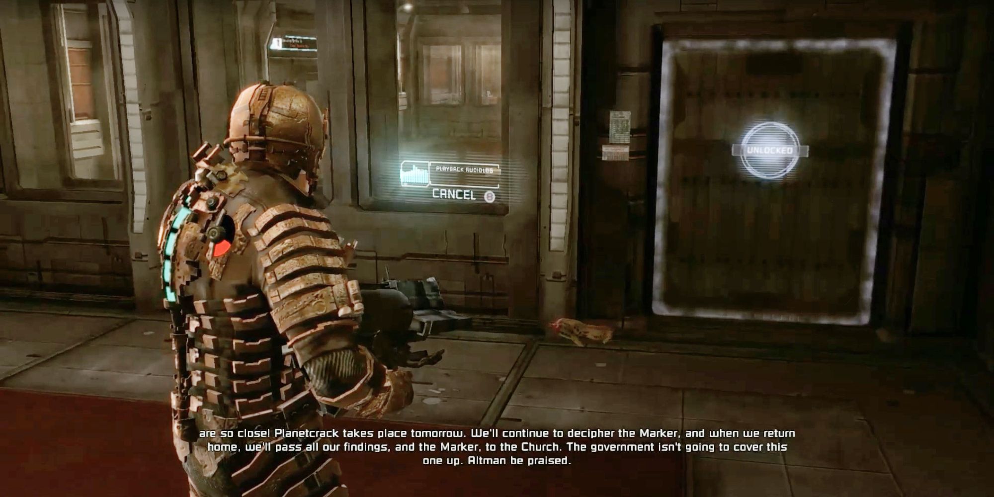 Isaac Clarke from Dead Space listening to an Audio Log of Captain Mathius' Report from Chapter 10