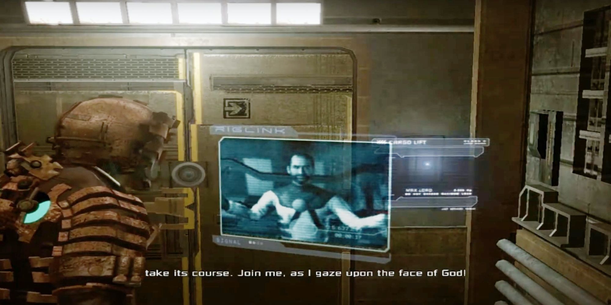 Isaac Clarke from Dead Space watching Dr. Mercer Final Sermon Video Log before his Death in Chapter 10